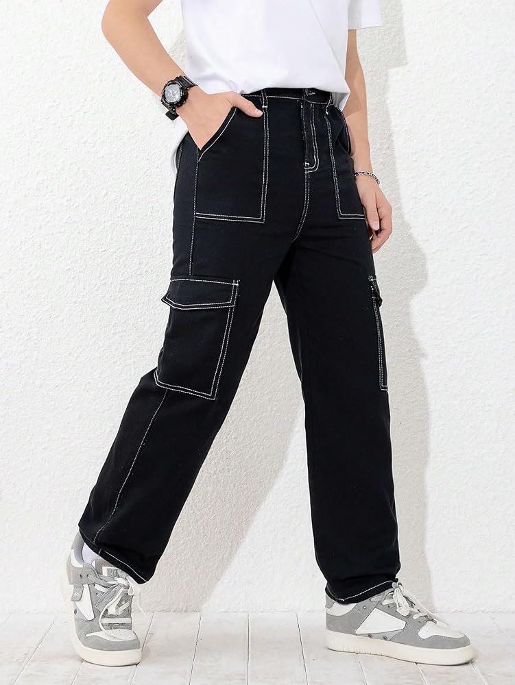 Amazon.com: WDIRARA Boy's Flap Pockets Cargo Jeans High Waisted